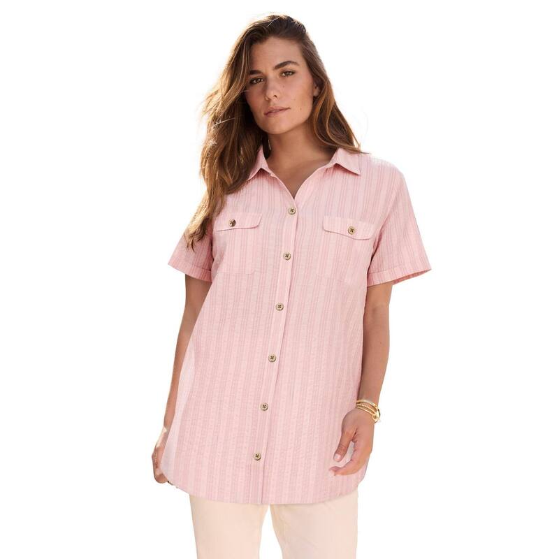 ロアマンズ レディース トップス Tシャツ プラスサイズ Roaman's Women's Plusize Seersucker Shirt Blush Triple Stripe ブラッシュ