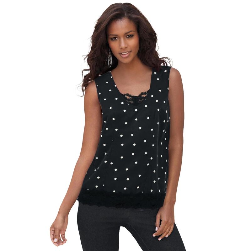 ロアマンズ レディース トップス Tシャツ レーストリム プラスサイズ サテン レース Roaman's Women's Plusize Lace Trim Satin Tank Black Pill Dot ブラック