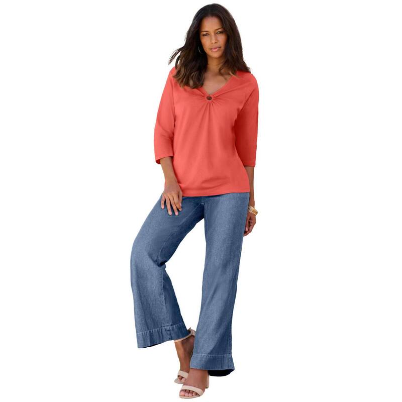 ロアマンズ レディース トップス Tシャツ Vネック プラスサイズ Roaman's Women's Plusize Ultimate Keyhole V Neck Tee Sunset Coral コーラル|ReVida 店