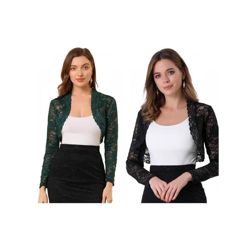 アレグラ ケー レディース アウター ニット・セーター シアー カーディガン レース ALLEGRA K 2 Packs Women's Lace Bolero Shrugsheer Long Sleeve Open Front Crop Cardigans Black Green ブラック