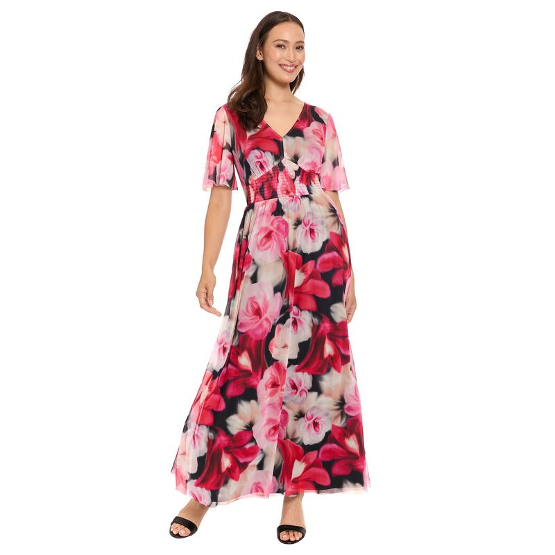 ロンドンタイムス レディース トップス ワンピース Vネック シャーリング マキシ Women's London Times V-Neck Smocked Bodice Maxi Dress Black Coral ブラック｜ReVida 店
