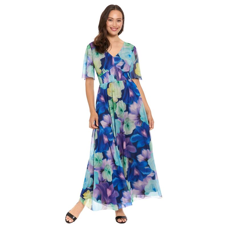 ロンドンタイムス レディース トップス ワンピース Vネック シャーリング マキシ Women's London Times V-Neck Smocked Bodice Maxi Dress Black Teal ブラック