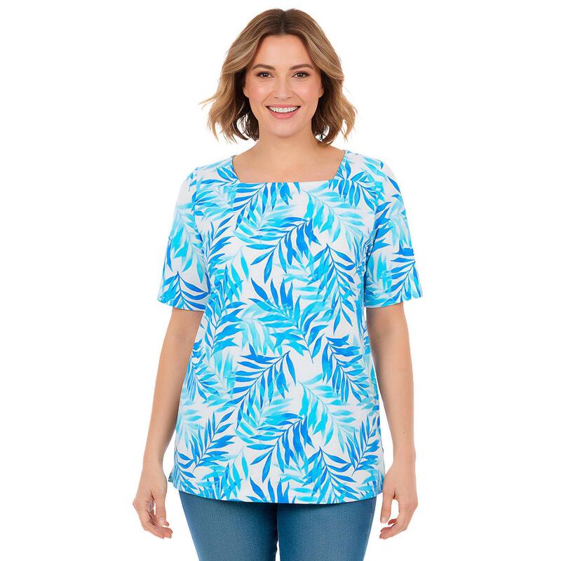 成人女性 ウィズはたご屋 レディース トップス プルオーバー つけ加える大きさ 刷り上げる Woman Within Plusize Printed Perfect Square-Neck Tee Blue Breezy Palms 青み