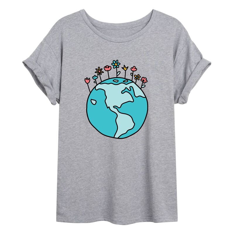 アニメキャラクター レディース トップス Tシャツ グラフィック Licensed Character Juniors' Earth Day Flowers Oversized Graphic Tee Grey グレー