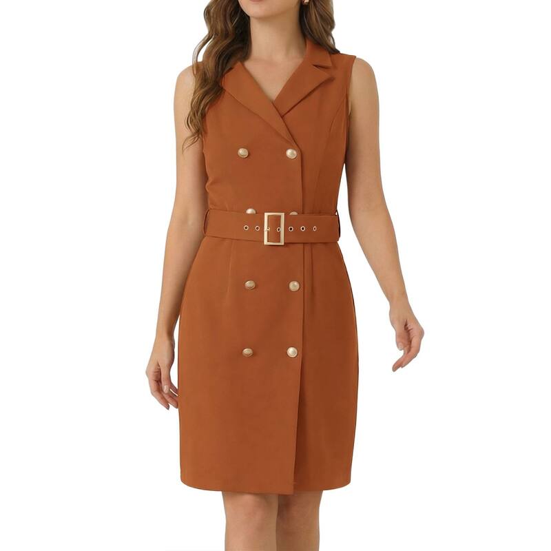 アレグラ ケー レディース トップス ワンピース ノースリーブレザー ALLEGRA K Women'sleeveless Notched Lapel Double Breasted Belted Work Office Dress Blazer Dresses Caramel