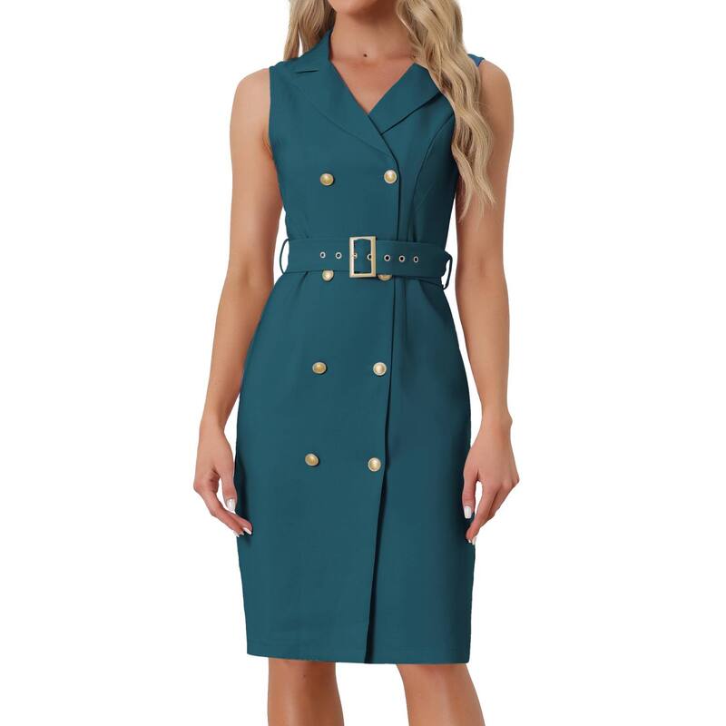 アレグラ ケー レディース トップス ワンピース ノースリーブレザー ALLEGRA K Women'sleeveless Notched Lapel Double Breasted Belted Work Office Dress Blazer Dresses Peacock