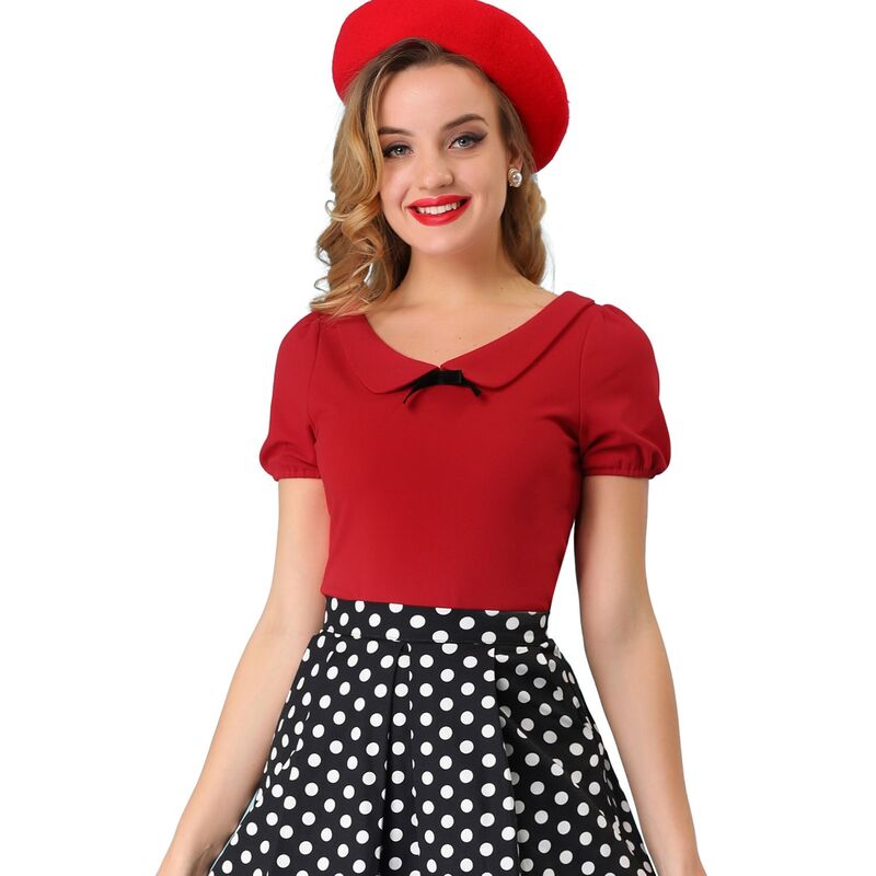 アレグラ ケー レディース トップス シャツ ブラウス ALLEGRA K Women's Bow Neck Solid Short Sleeve Peter Pan Collar Blouse Red レッド