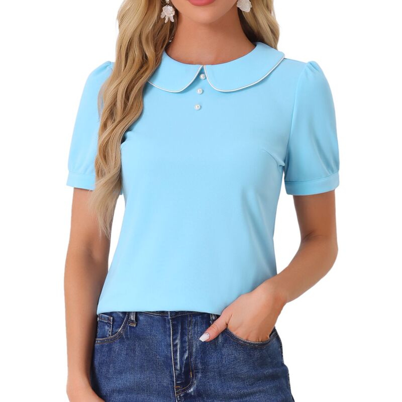 アレグラ ケー レディース トップス シャツ コントラスト ブラウス ALLEGRA K Women's Peter Pan Collar Contrastrim Short Sleeve Summer Blouse Top Blue ブルー