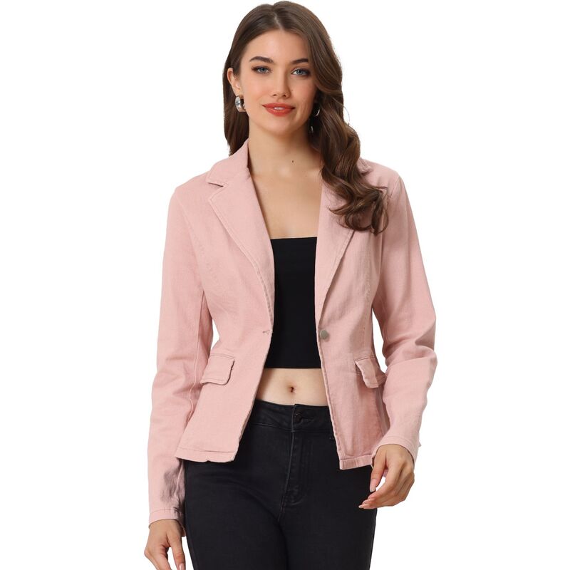 アレグラ ケー レディース アウター ジャケット・ブルゾン デニム ALLEGRA K Women's Notched Lapel Button Up Long Sleeve Washedenim Jacket Pink ピンク|ReVida 店