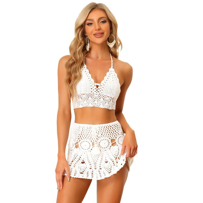 アレグラ ケー レディース トップス ワンピース ミニ スカート ニット ALLEGRA K Women's 2 Pieces Bikini Set Hollow Out Cami Top Mini Skirt Summer Beach Crochet Knit Sets White ホワイト|ReVida 店