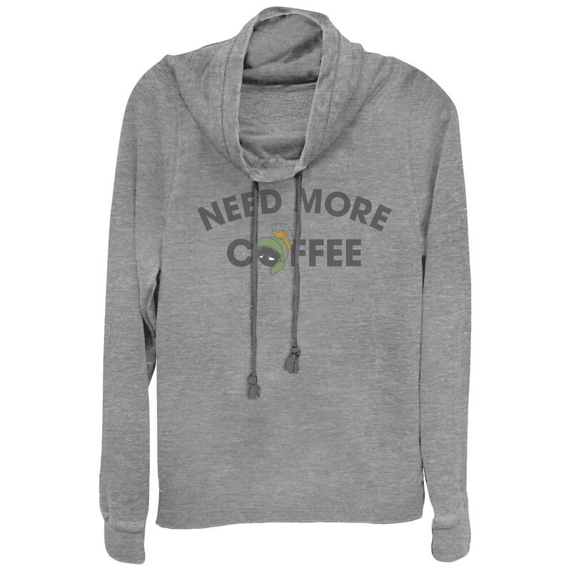 アニメ文字記号 レディース トップス プルオーバー グラフィック Licensed Character Juniors\u0027 Looney Tunes Marvineeds More Coffee Cowlneck Graphic Lightweight Long Sleeve Gray Heather 薄墨色
