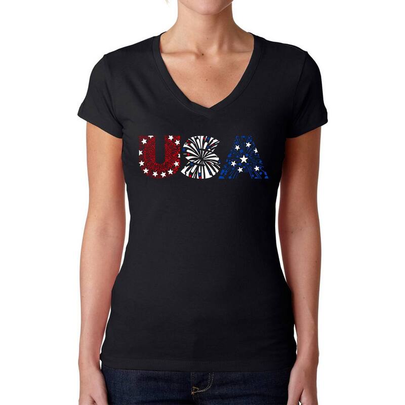 エルエーポップアート レディース トップス Tシャツ Vネック LA Pop Art Usa Fireworks - Women's Word Art V-neck T-shirt Black ブラック