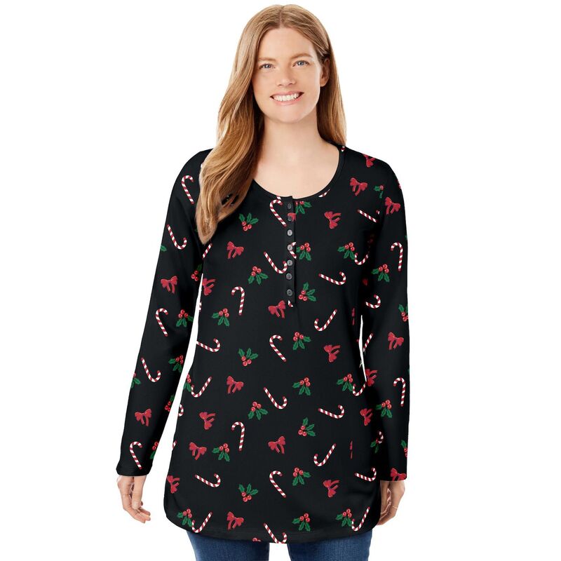 ウーマン ウィズイン レディース トップス Tシャツ プラスサイズ プリント 長袖 Woman Within Plusize Perfect Printed Long-Sleeve Henley Tee Black Mistletoe ブラック
