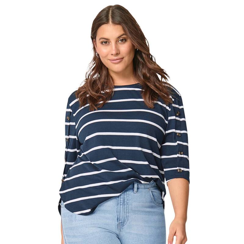 Ellos レディース トップス Tシャツ プラスサイズ ellos Plusize Striped Button Sleeve Tee Navy White Stripe ホワイト