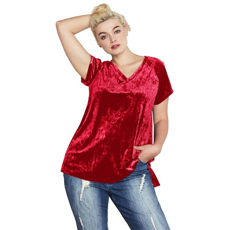 Ellos レディース トップス Tシャツ Vネック プラスサイズ ellos Plusize Stretch Crushed Velour V-Neck Short Sleeve Tee Classic Red レッド