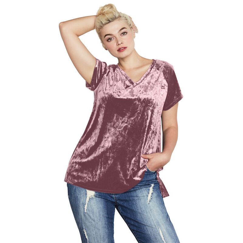 Ellos レディース トップス Tシャツ Vネック プラスサイズ ellos Plusize Stretch Crushed Velour V-Neck Short Sleeve Tee Dusty Pink ピンク