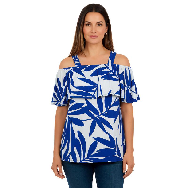 ジェシカロンドン レディース トップス Tシャツ プラスサイズ フリル ニット Jessica London Women's Plusize Stretch Knit Cold Shoulderuffle Tunic Sapphire Palm サファイア｜ReVida 店