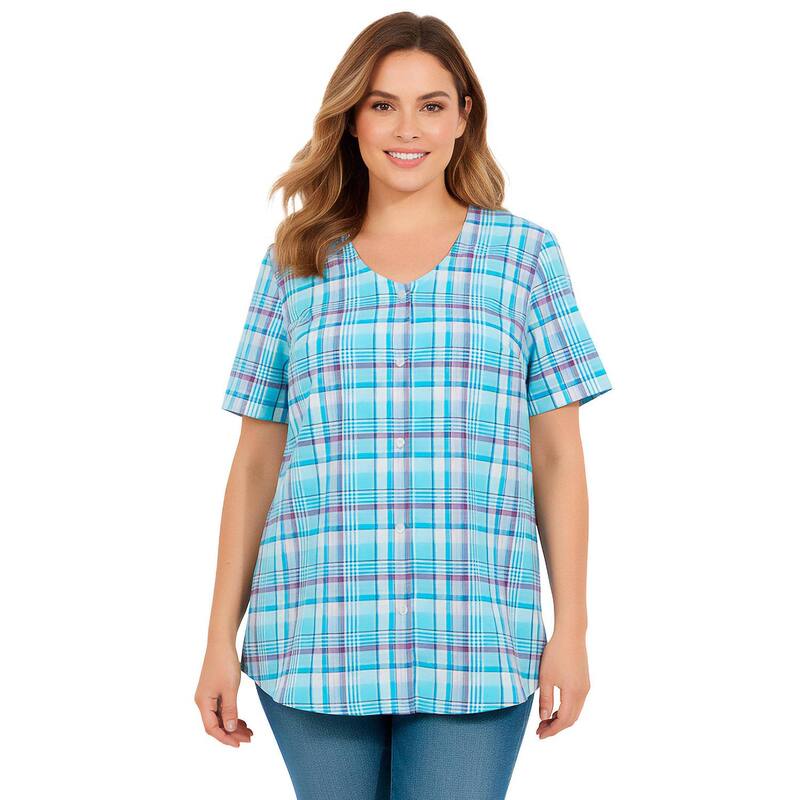 ウーマン ウィズイン レディース トップス シャツ プラスサイズ Woman Within Plusize Seersucker Baseball Shirt Paradise Blue Plaid ブルー