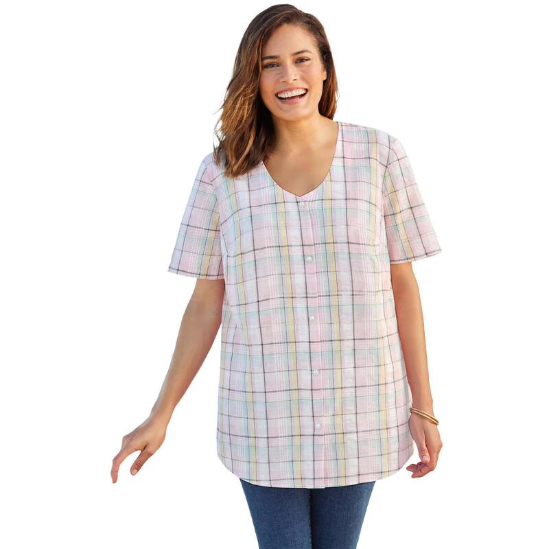 ウーマン ウィズイン レディース トップス シャツ プラスサイズ Woman Within Plusize Seersucker Baseball Shirt Pink Plaid ピンク