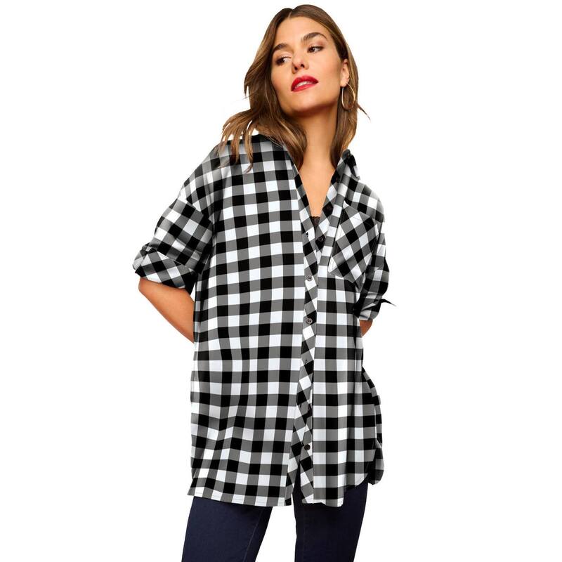 ロアマンズ レディース トップス Tシャツ プラスサイズ Roaman Women Plusize Plaid Flannel Tunic Black White Check ホワイト