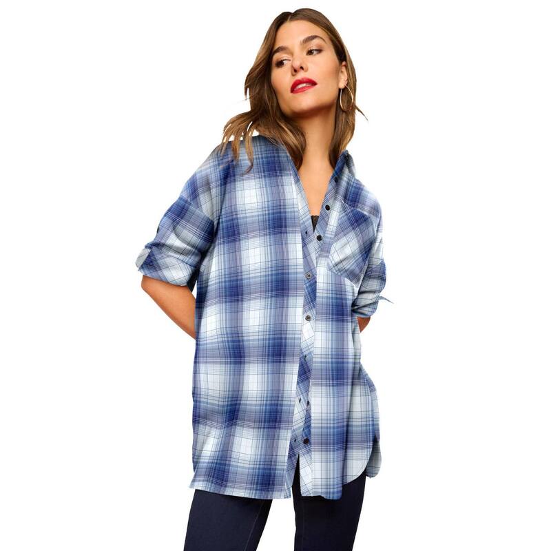 ロアマンズ レディース トップス Tシャツ プラスサイズ Roaman Women Plusize Plaid Flannel Tunic Indigo White Plaid ホワイト