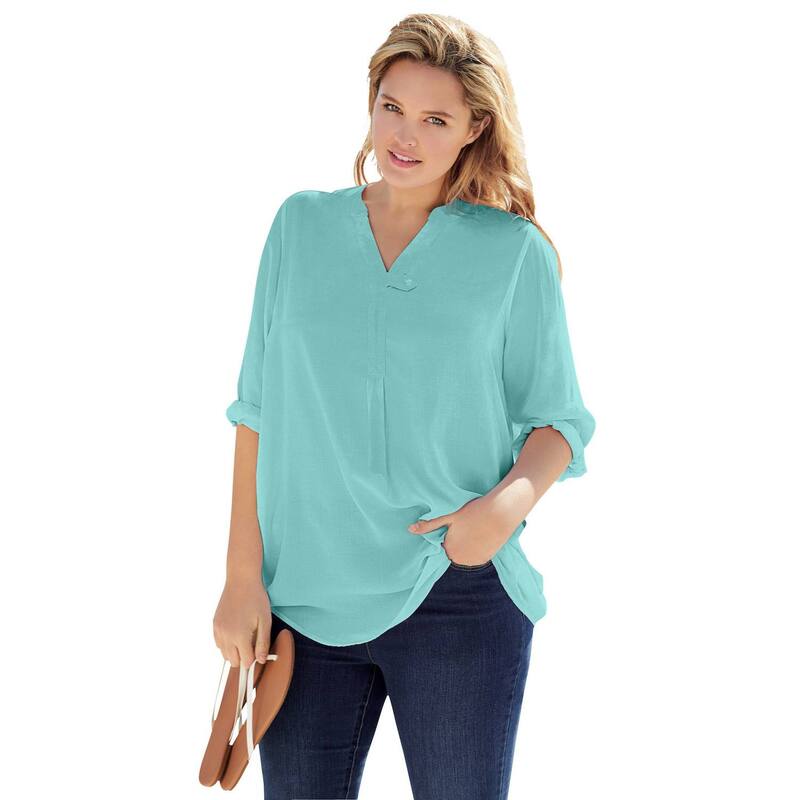 成人女性 ウィズはたご屋 レディース トップス プルオーバー つけ加える大きさ トップ Woman Within Plusize Rayon Three-Quarter Sleeveffortless Tab-Front Blouse Azure