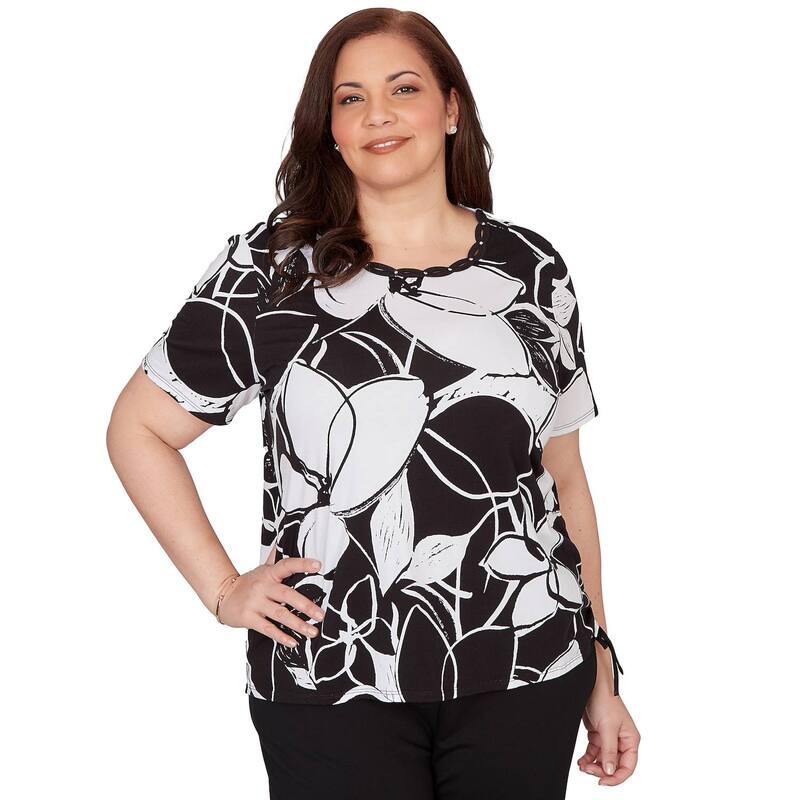 アルフレッド ダナー レディース トップス Tシャツ フラワー柄 プラスサイズ フラワー Plusize Alfredunner Abstract Floral Embellished Side Tie T-Shirt Black And White ホワイト