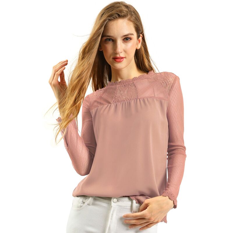 アレグラ ケー レディース トップス シャツ シフォン フラワー柄 ブラウス レース フラワー ALLEGRA K Women Round Neck Casual Blouses Lace Floralong Sleeve Chiffon Tops Dark Pink ピンク