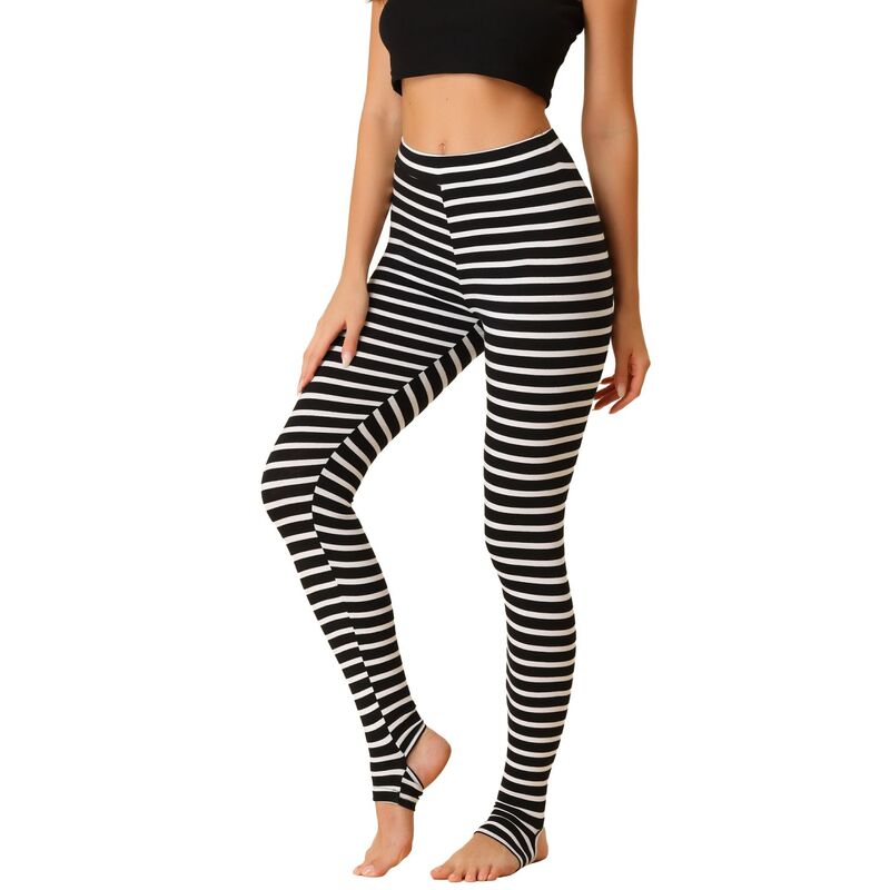 アレグラ ケー レディース ボトムス カジュアルパンツ ハイウエスト レギンス ALLEGRA K Women'stripes High Waist Elastic Waistband Stirrup Leggings White Black Stripe ホワイト