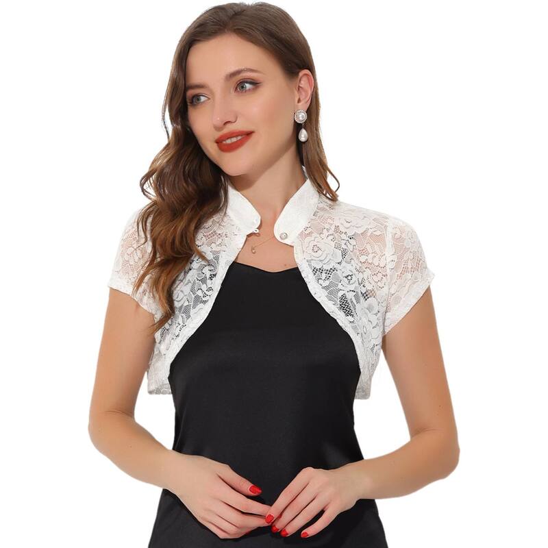 アレグラ ケー レディース アウター ニット・セーター カーディガン レース ALLEGRA K Women's Lace Cardigan Stand Collar Short Elegant Shrug White ホワイト｜ReVida 店