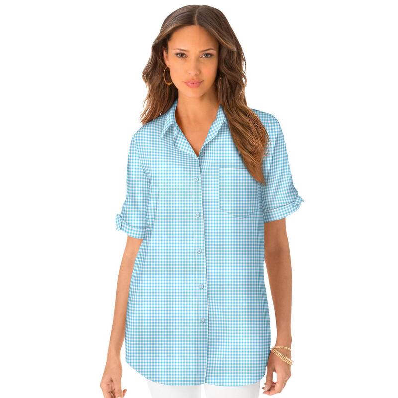 ロアマンズ レディース トップス シャツ プラスサイズ Roaman's Women's Plusize Frencheck Shirt Aqua Mini Check アクア