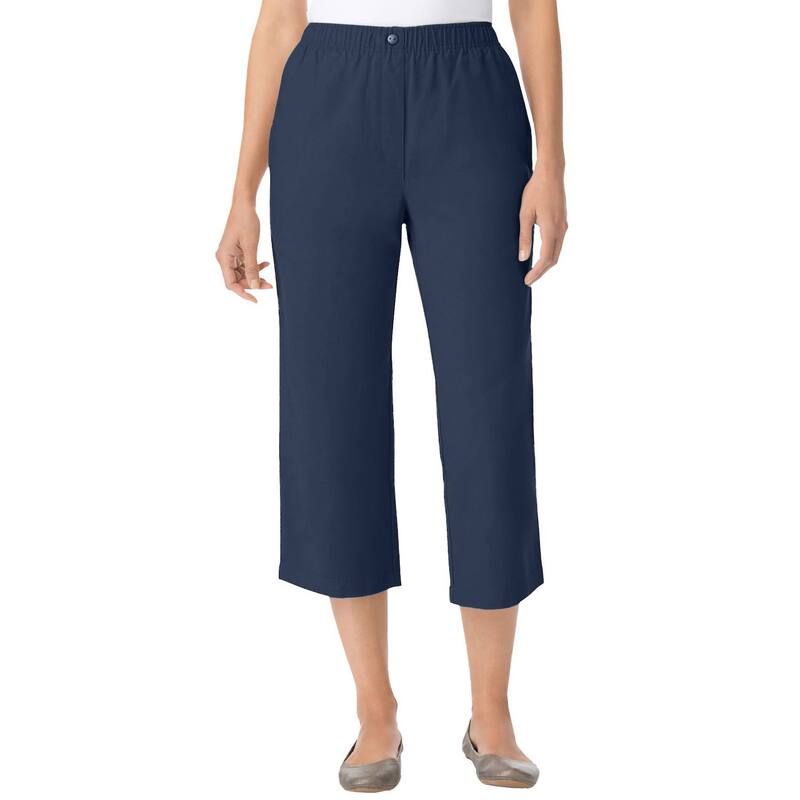 ウーマン ウィズイン レディース ボトムス カジュアルパンツ プラスサイズ プチ コットン デニム キャップ ジーンズ Woman Within Plusize Petite 7-Day Elastic-Waist Pull-On Cotton Denim Capri Jeans Navy ネイビー