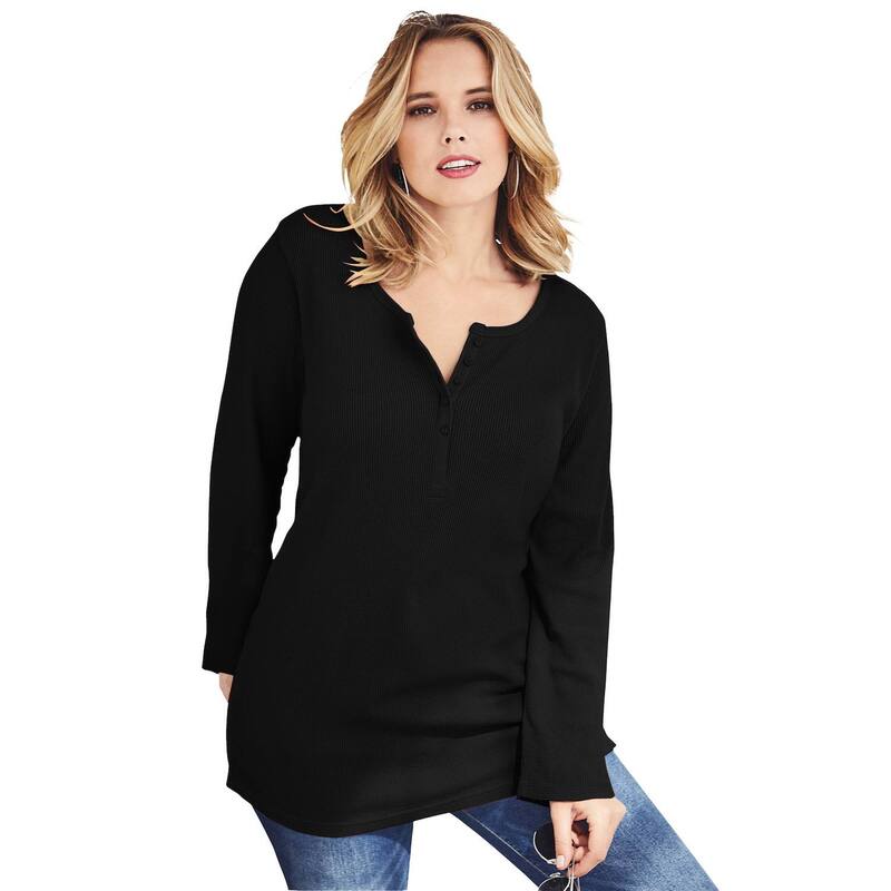 ロアマンズ レディース トップス Tシャツ プラスサイズ ニット Roaman's Women's Plusize Knithermal Henley Top Long Sleeve Black ブラック｜ReVida 店