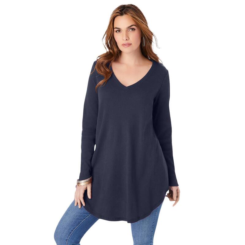ロアマンズ レディース トップス プルオーバー Vのど首 足し加える大きさ 編み物 Roaman\u0027s Women\u0027s Plusize Knithermal V Neck Swing Tunic Long Sleeve Navy 米国海軍