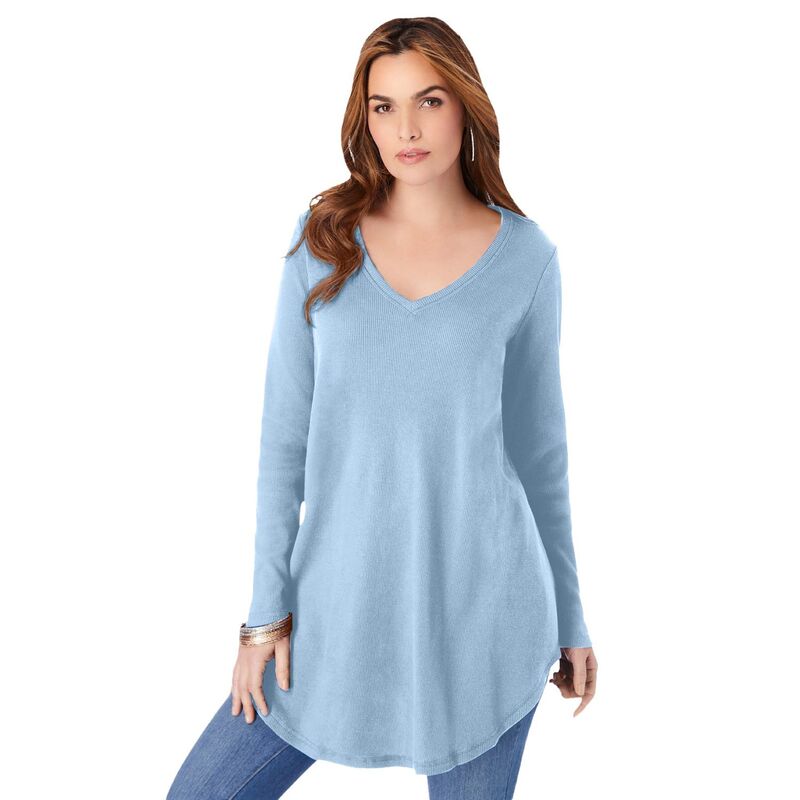 ロアマンズ レディース トップス プルオーバー V素っ首 つけ加える大きさ 編み物 Roaman\u0027s Women\u0027s Plusize Knithermal V Neck Swing Tunic Long Sleeve Pale Blue 青み