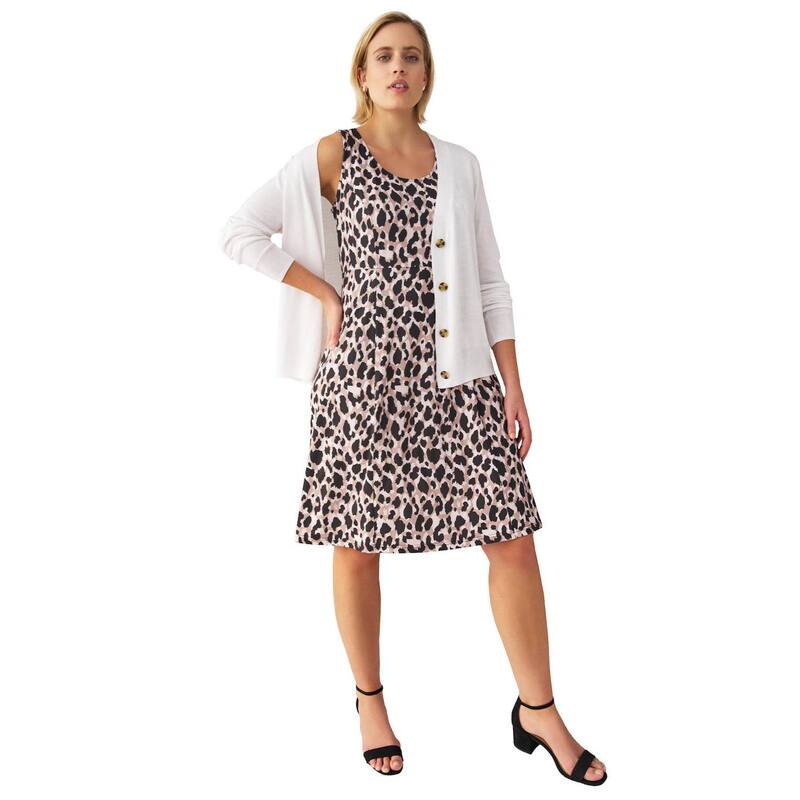 Ellos レディース トップス ワンピース プラスサイズ ノースリーブ ニット ellos Plusize Stretch Knit Scoop Neck Sleeveless Fit And Flare Dress Animal Print アニマル