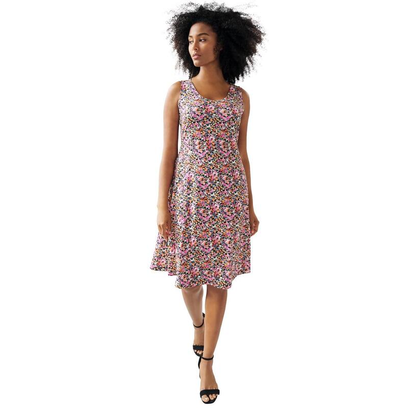Ellos レディース トップス ワンピース プラスサイズ ノースリーブ ニット ellos Plusize Stretch Knit Scoop Neck Sleeveless Fit And Flare Dress Black Ditsy Floral ブラック