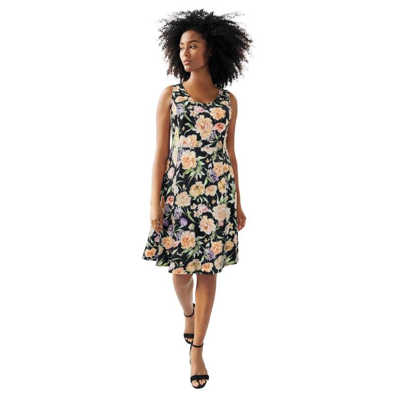 Ellos レディース トップス ワンピース プラスサイズ ノースリーブ ニット ellos Plusize Stretch Knit Scoop Neck Sleeveless Fit And Flare Dress Black Floral Bouquet ブラック