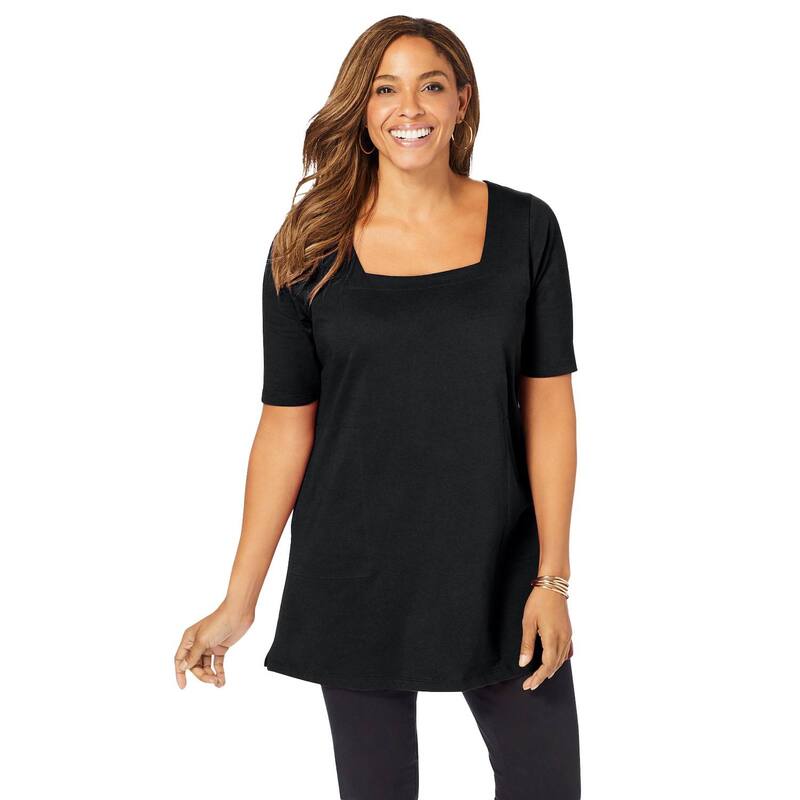 ジェシカロンドン レディース トップス Tシャツ プラスサイズ コットン Jessica London Women's Plusize Stretch Cotton Square Neck Tunic Black ブラック|ReVida 店