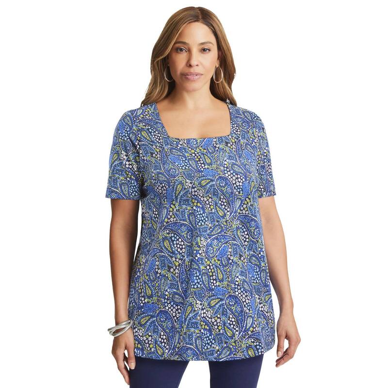 ジェシカロンドン レディース トップス Tシャツ プラスサイズ コットン Jessica London Women's Plusize Stretch Cotton Square Neck Tunic Blue Garden Paisley ブルー|ReVida 店