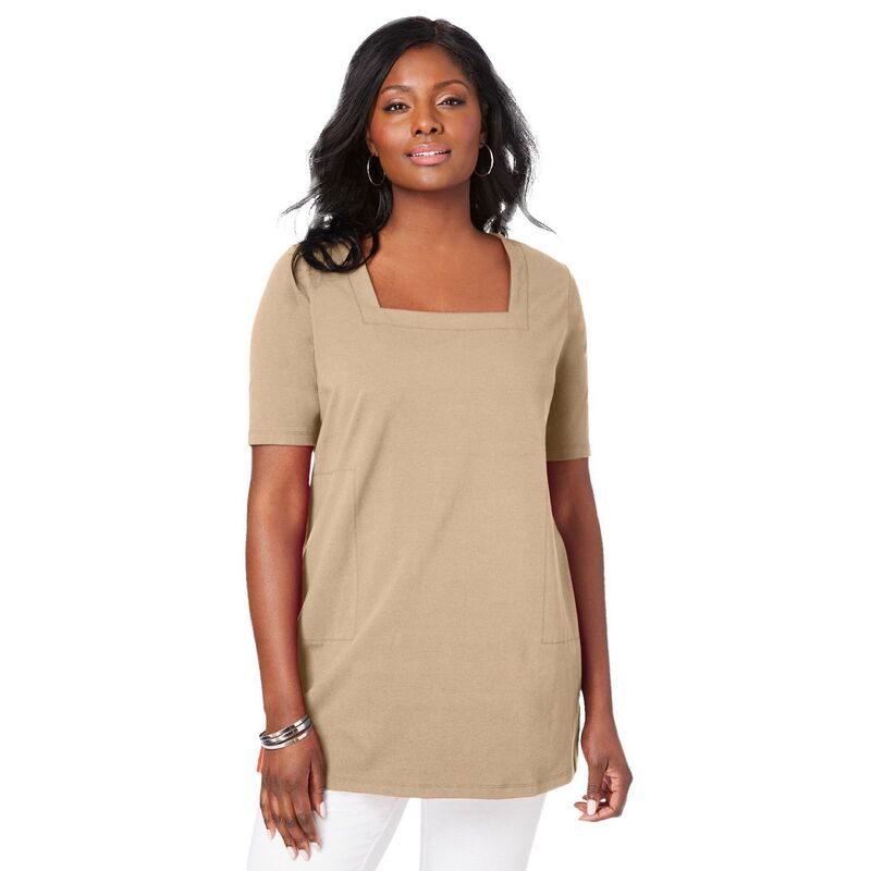 ジェシカ英国の首都 レディース トップス ティーシャツ つけ加える大いさ 綿織物 Jessica London Women\u0027s Plusize Stretch Cotton Square Neck Tunic New Khaki カーキ レディースファッション-Tシャツ・カットソー