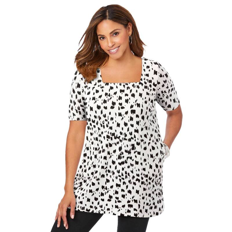 ジェシカロンドン レディース トップス Tシャツ プラスサイズ コットン Jessica London Women's Plusize Stretch Cotton Square Neck Tunic White Abstract Print ホワイト|ReVida 店