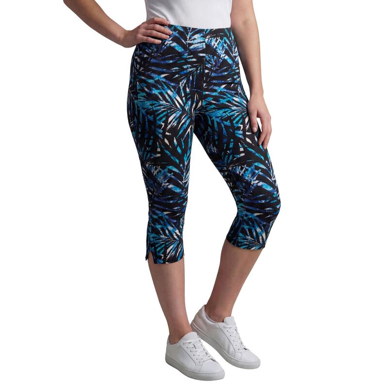 ウーマン ウィズイン レディース ボトムス カジュアルパンツ プラスサイズ プリント コットン キャップ レギンス ニット Woman Within Plusize Stretch-Cotton Knit Pull-On Printed Capri Leggings Black Tie Dye Palm ブラック