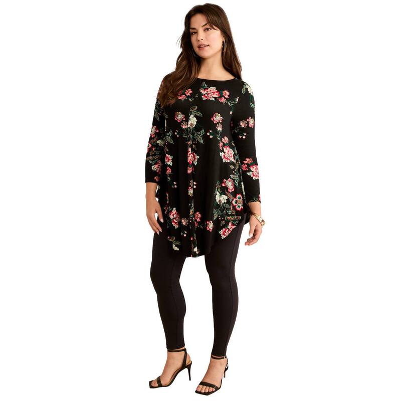 ロアマンズ レディース トップス Tシャツ ドレープラスサイズ Roaman's Women's Plusize Boatneck Swing Ultra Drape Tunic Top Black Spaced Blooms ブラック
