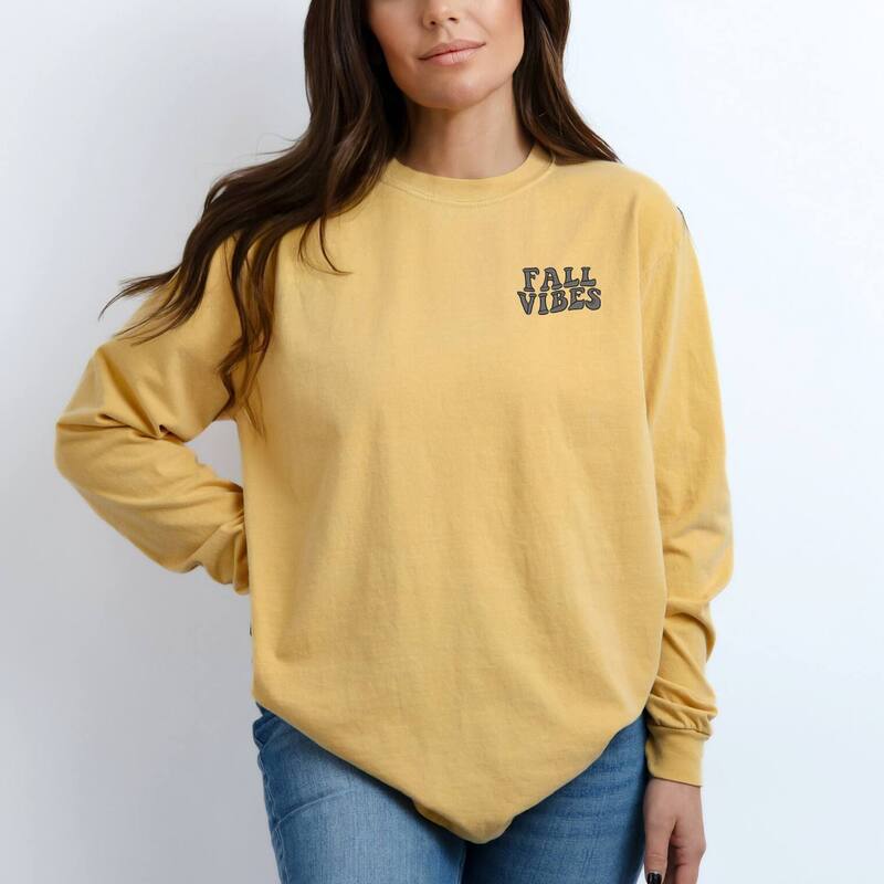 Simply Sage Market レディース トップス Tシャツ 刺繍 Simply Sage Market Embroidered Fall Vibes Retro Garment Dyed Long Sleeve Mustard マスタード