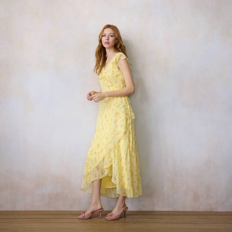 LC Lauren Conrad レディース トップス ワンピース プチ フリル ノースリーブ マキシ Petite LC Lauren Conrad Sleeveless Ruffle Wrap Maxi Dress Yellowildflower イエロー