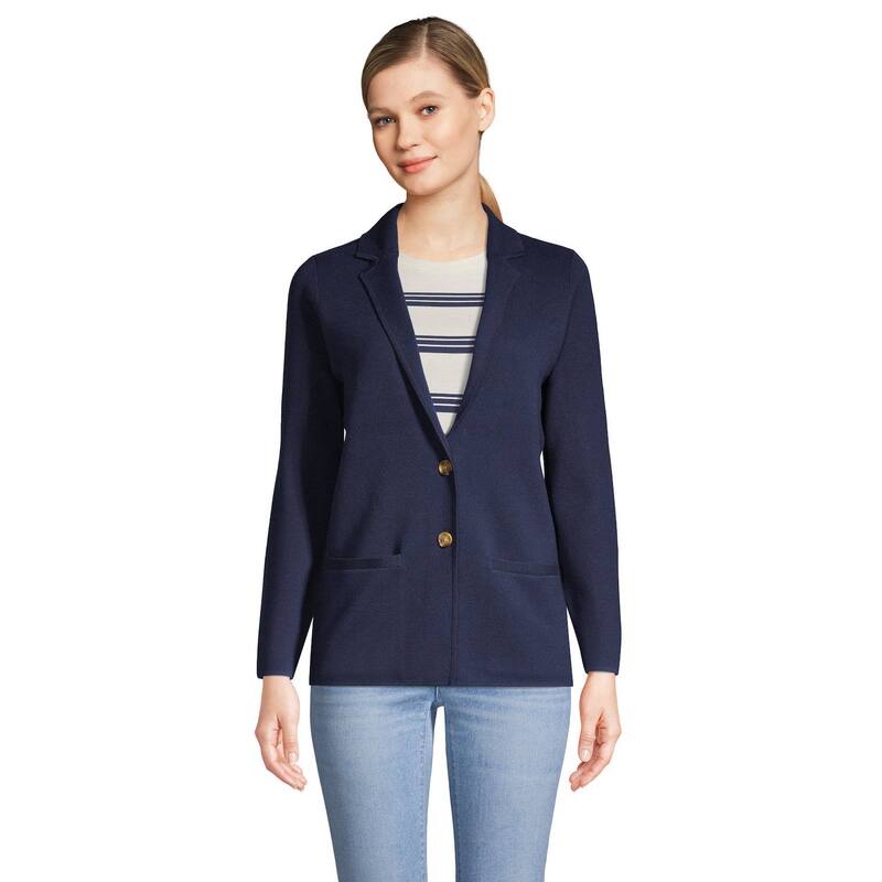 ランズエンド レディース アウター ジャケット・ブルゾン セーター コットン ブレザー Women's Lands' End Fine Gauge Cotton Button Front Sweater Blazeradiant Navy ネイビー