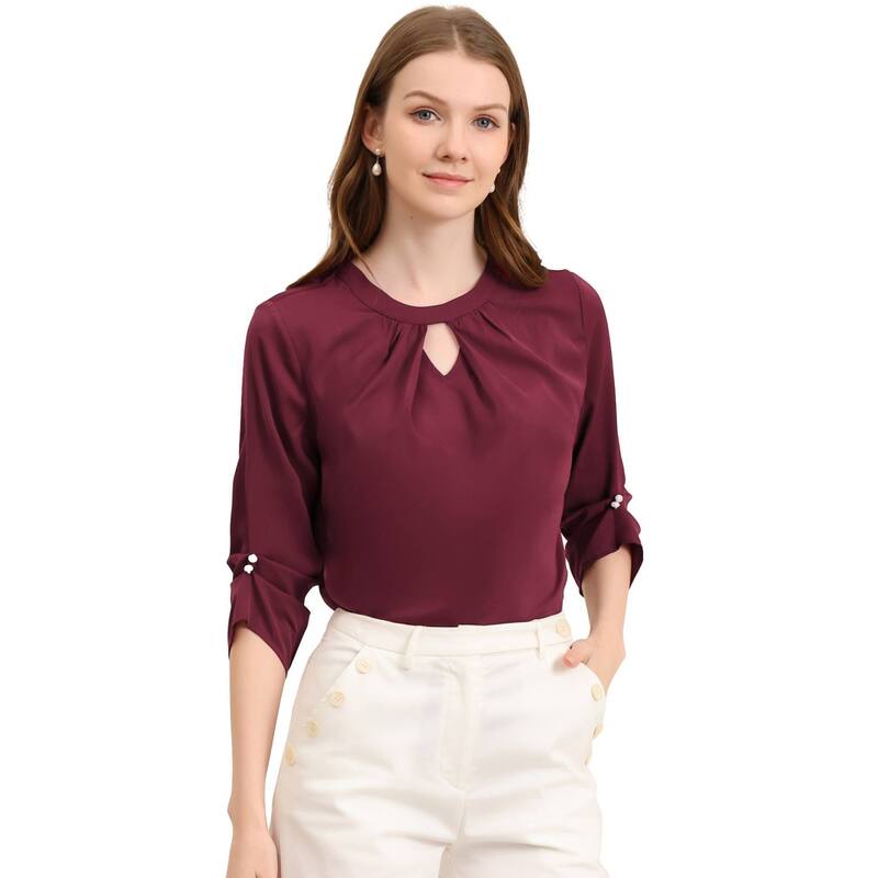 アレグラ ケー レディース トップス シャツ シフォン プリーツ ギャザー ブラウス ALLEGRA K Women Work Office Keyhole Pleated Front Ruched 3/4 Sleeve Shirt Chiffon Blouse Wine Red レッド