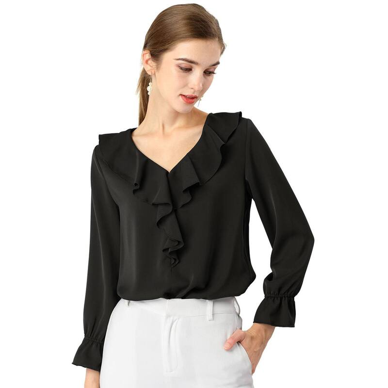 アレグラ ケー レディース トップス シャツ Vネック シフォン フリル ブラウス ALLEGRA K Women's Peasant Blouse Ruffle V Neck Elegant Chiffon Blouse Top Black ブラック