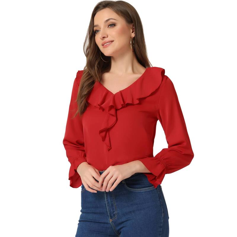 アレグラ ケー レディース トップス シャツ Vネック シフォン フリル ブラウス ALLEGRA K Women's Peasant Blouse Ruffle V Neck Elegant Chiffon Blouse Top Red レッド